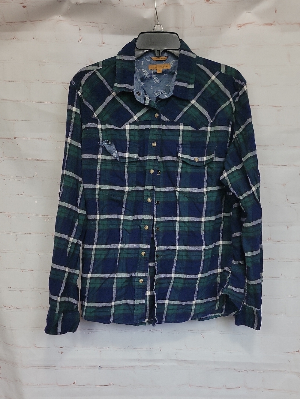 JACHS Girlfriend Navy and Green Plaid Button-Down Shirt
